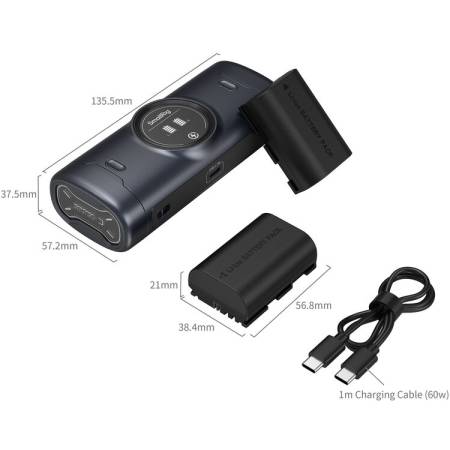 SmallRig 5695 - zestaw, przenośna dwukanałowa ładowarka (typu etui), 2x akumulator Canon LP-E6P - wymiary i zawartość zestawu